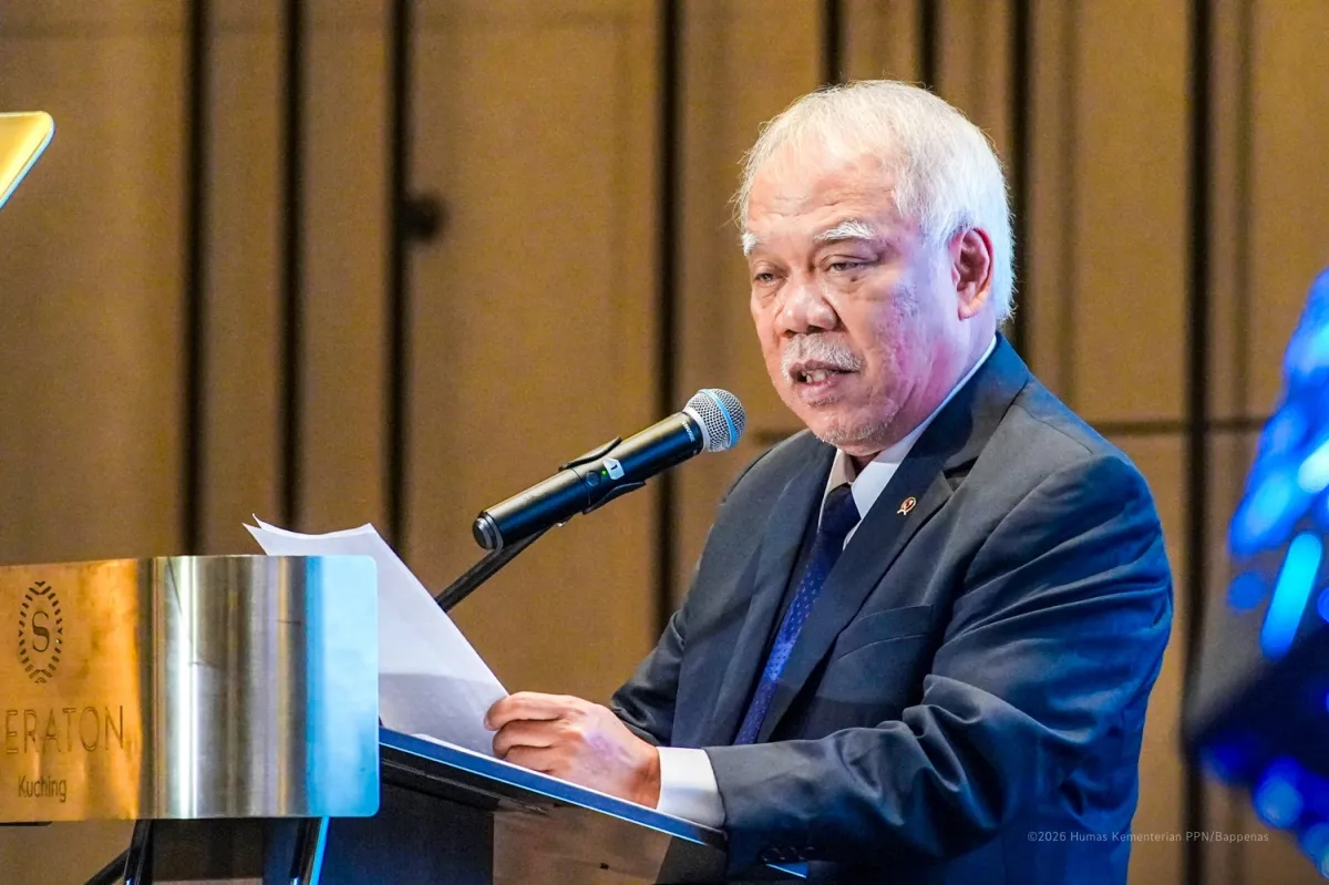 Kepala Otorita IKN Basuki Hadimuljono memaparkan perkembangan pembangunan Nusantara dalam Borneo Economic Forum 2026 di Kuching.